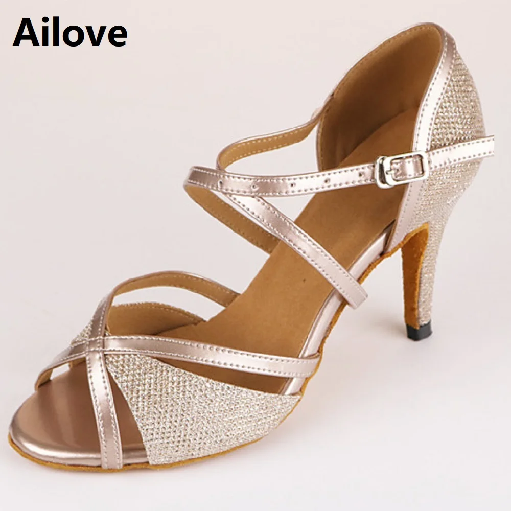 Women Ballroom Dance Shoes Gold Glitter Latin Salsa Tango Swing Rumba Waltz Peep-toe Dancing Sandals Multiple Heel Height ALS004