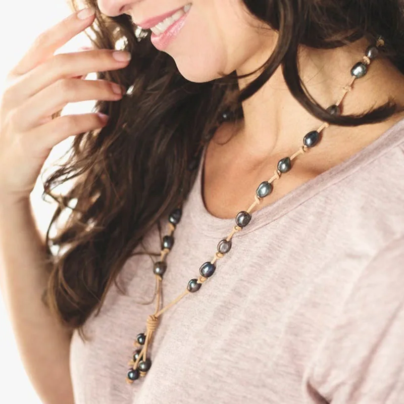 Tahitian pearls on leather long women\'s necklace pearls and leather knotted necklace,