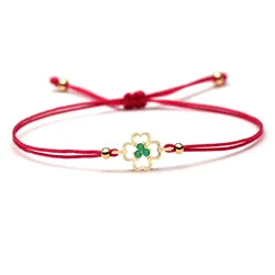 Green Cubic Zirconia Copper Four Leaf Clover  Charm Bracelet Women Men CZ Zircon Lucky Brass Charm Red Pink Thread Cute Jewelry