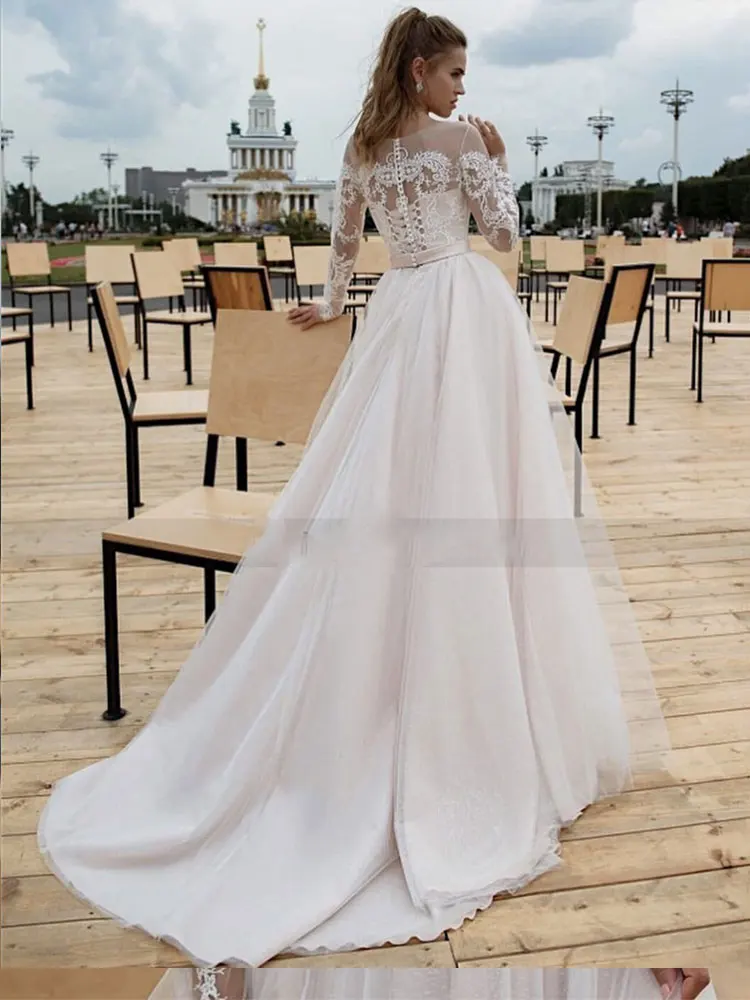 تول كم طويل فستان الزفاف 2021 الدانتيل بوهو فساتين العروس الأميرة ألف خط خمر فساتين الزفاف أزرار Vestido de Noiva #3