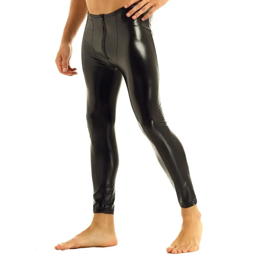 Mens Patent Leather Pants Stage Skinny Performance Pants Stretch Leggings Men Sexy Bodywear Trousers Underwear Clubwear