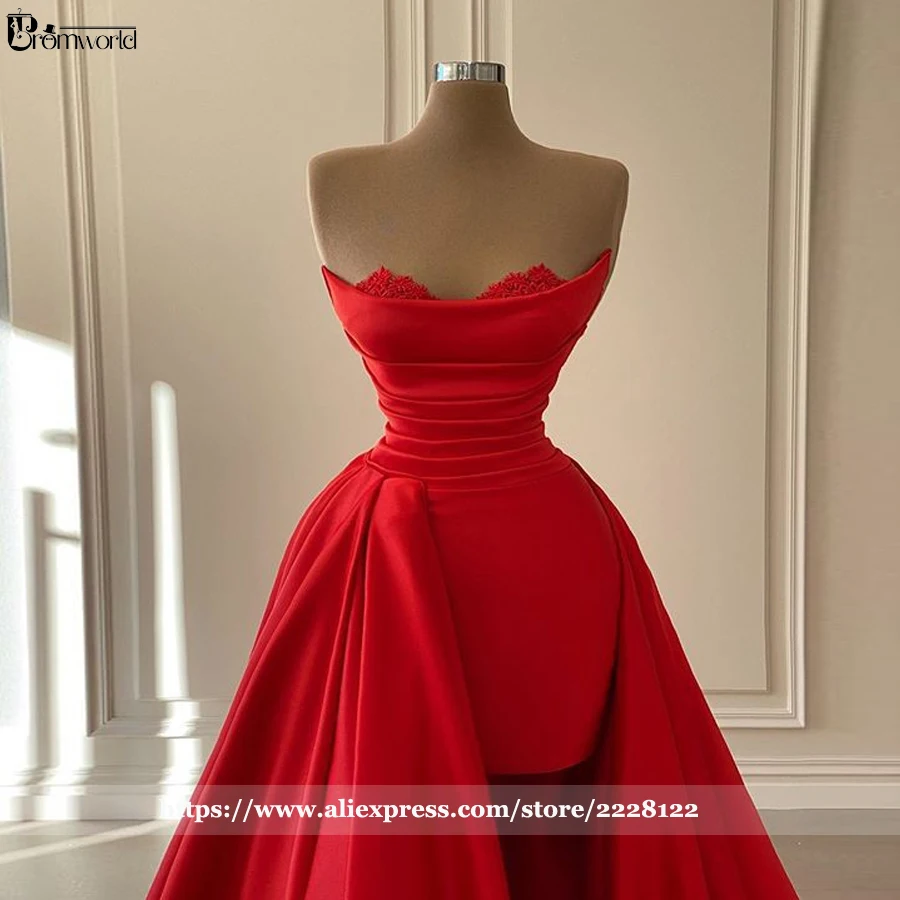 Vestidos De Noche largos rojos para mujer, vestido Formal De satén con cola desmontable, escote corazón, para Fiesta De graduación, novedad De 2023