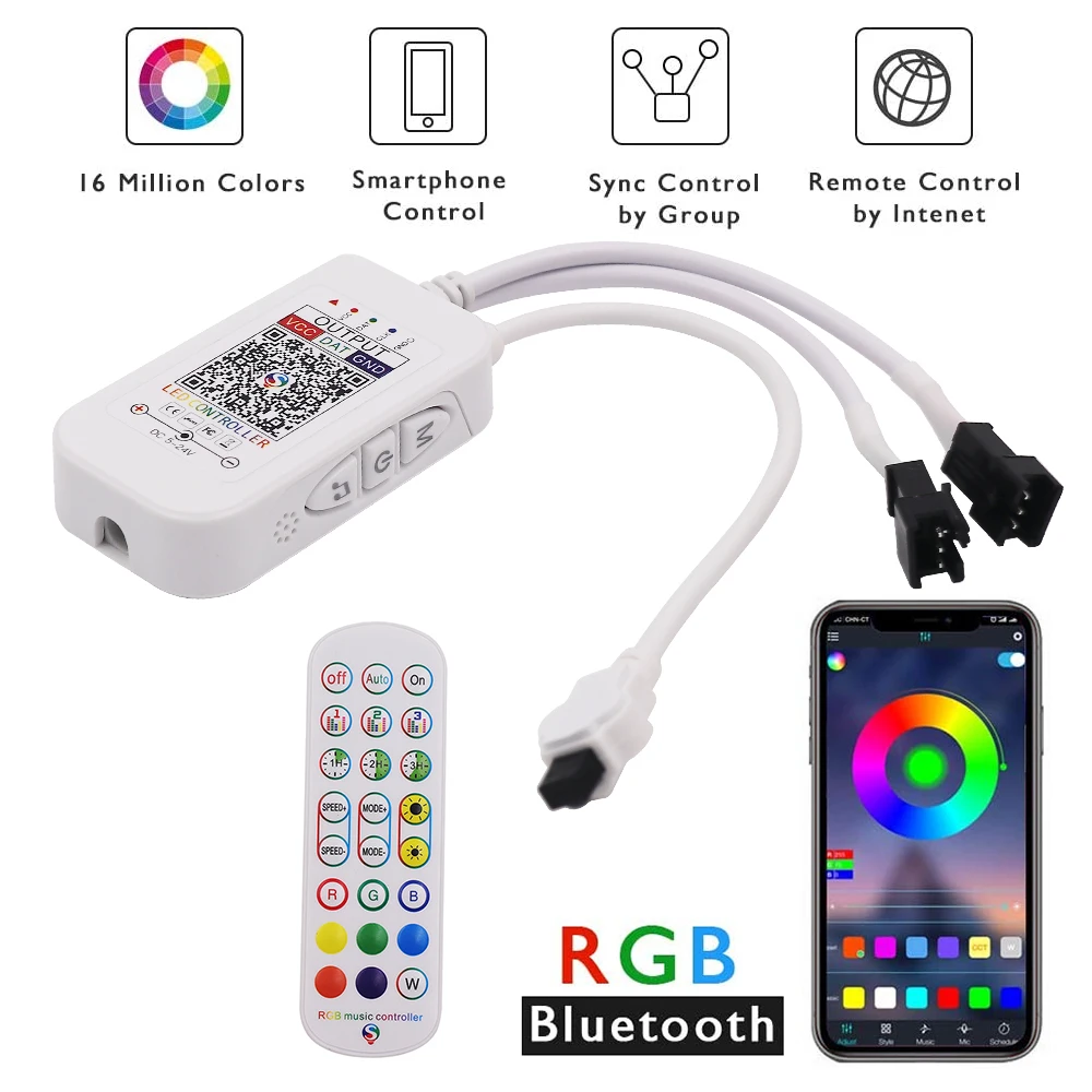 Controlador infrarrojo RGB de 24 teclas, Control remoto por aplicación Bluetooth para tira de luces LED ambiental WS2812B WS2811, 5V, 12V, 24V CC