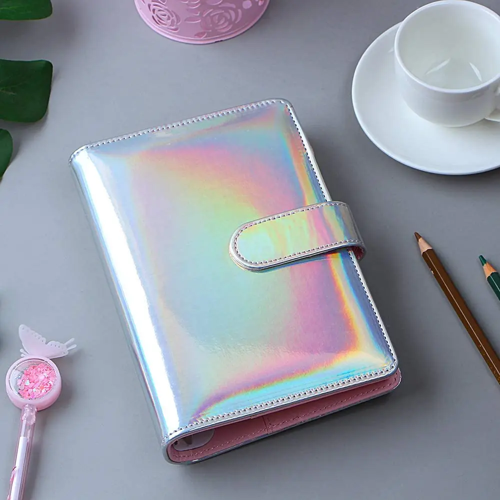 A6 PU Leather Notebook Binder Cover ,Laser Rainbow 6 Ring Binder Budget Cash Envelopes,Planner Travel Journal for School Office