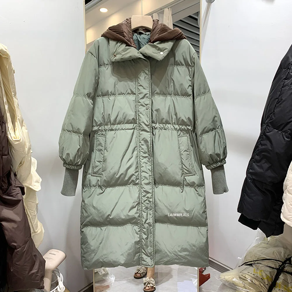 Winter Women Down Coat Long Knitted sleeves Hooded Female Thick Jacket Office Lady Fashion Loose Casual All-Match Korean Parka
