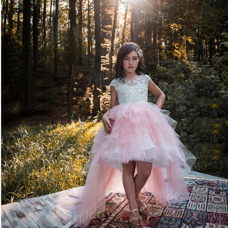 Robe à Fleurs Haute et Basse pour Bol, Jupes à Plusieurs Niveaux, Dentelle, Première Communion, Concours de Perles, Peu importe, Blanc, Rose, Mariage, Petits Enfants