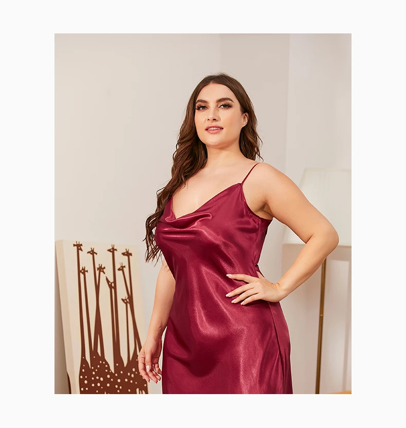 Camisola de cetim fino sólido feminino, pijamas de tamanho grande, camisola sexy, pijamas de verão, vestidos plus size