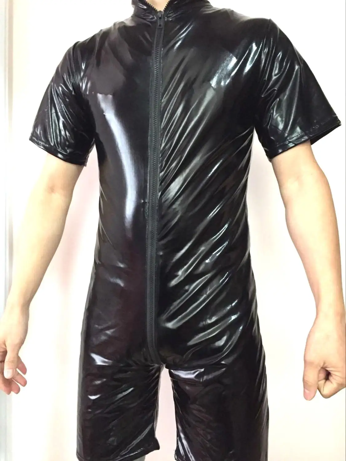 Plus S-3XL Good Quality Male PVC Leather Teddy Bodysuit Open Crotch Front Zipper Jumpsuit Mens Fetish Latex Clubwear Catsuit