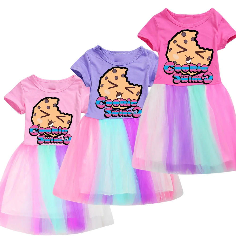 

Summer Girls Cookie Swirl C Dress Flare Sleeve Kids T-shirt+Dress Patchwork Girls Party Vestidos Rainbow Cartoon Children Dress