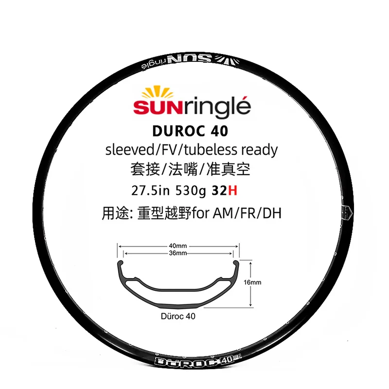 Sunringle Mountain Rim Durac, 27.5, 29 Inch, 30, 35, 40 Sleeved, Welded Edge, 32H Aluminum Alloy, Tubeless Ready for XC TR,