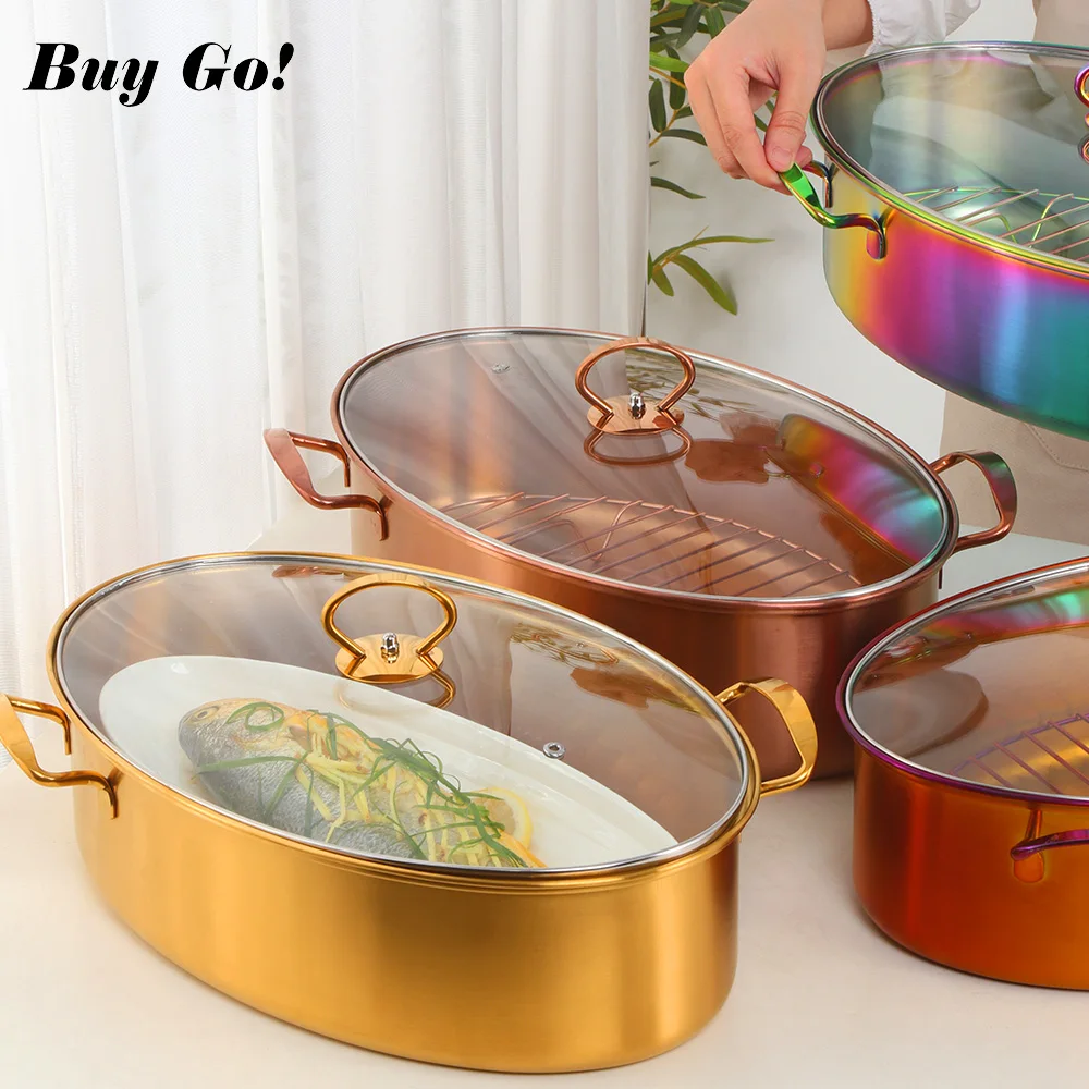 Kitchen Stainless Steel Gold Fish Steamer Pot With Rack Ceramic Plate Soup Pot Multi-function Oval Seafood Cooking Pot Cookware