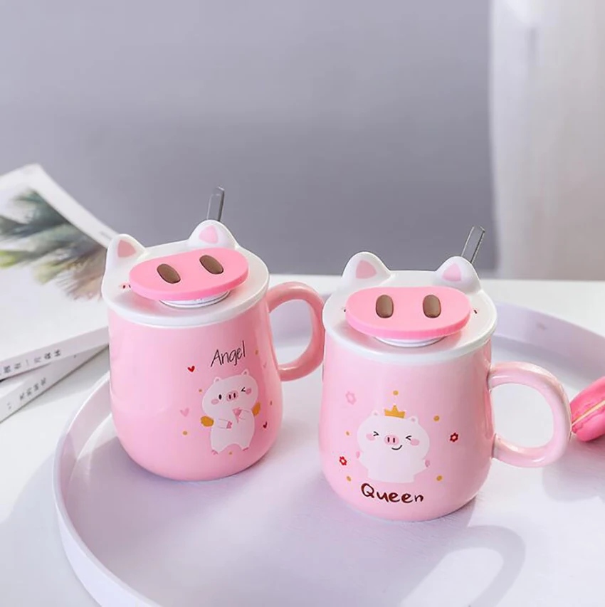 Pink Piggy Ceramic Coffee Mug 400ml Cute Tea Mugs with Matching Lid, Phone Holder Bracket Drinking Cup Great Birthday Present