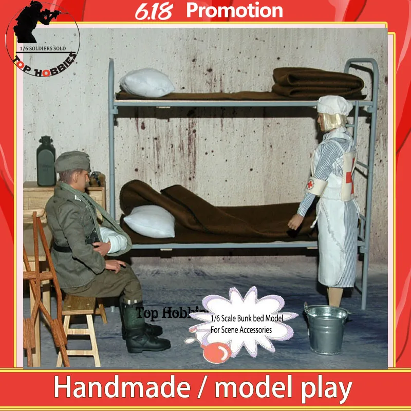 Spielzeugmodell WWII Deutsche Etagenbettmodelle aus Metall und Holz im Maßstab 1:6 mit Steppdecken und Kissen für 12-Zoll-Soldaten-Actionfiguren-Szenenteile