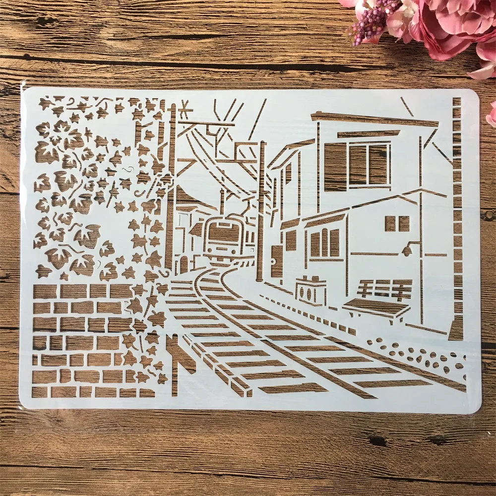 A4 29*21cm Town Railway Train House DIY Layering Stencils Wall Painting Scrapbook Coloring Embossing Album Decorative Template