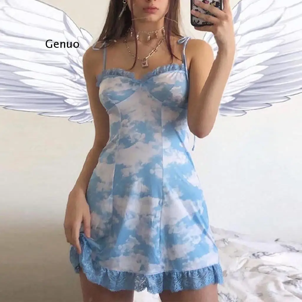 Wrap Dress Summer Clothes for Women Sundress Fashion Sexy Print Ruffles Lace Backless Camisole Mini Dress