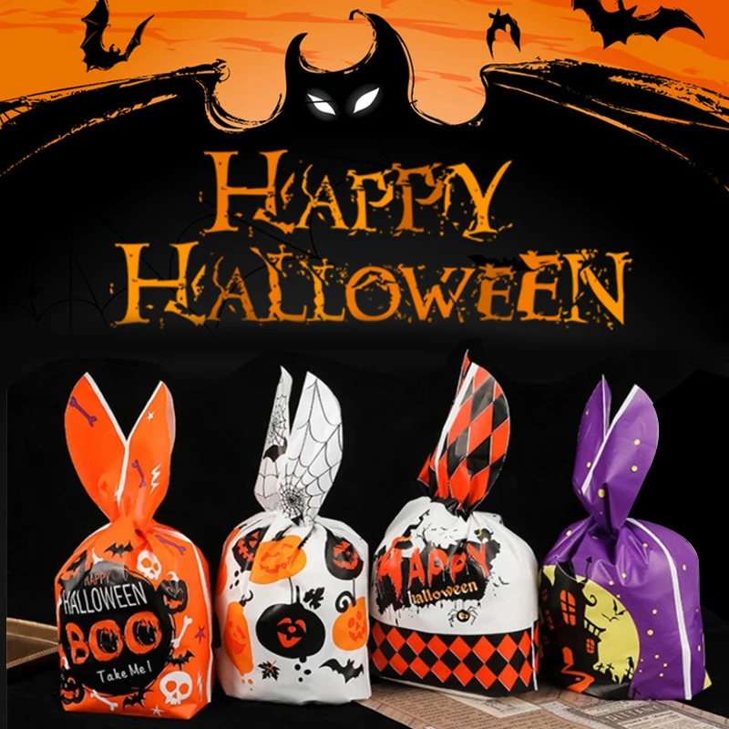 Bolsas de plástico con orejas de conejo de feliz Halloween, paquetes de regalo para dulces, galletas, aperitivos, embalaje para hornear, suministros para fiestas de Halloween, 10/50 piezas