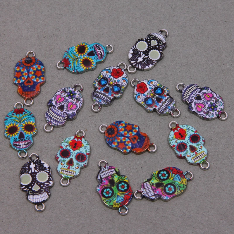 6pcs  Silver Color Enamel Flower Skull Connector for The Jewelry Earrings Accessories Findings DIY 14*26*2mm wholesale