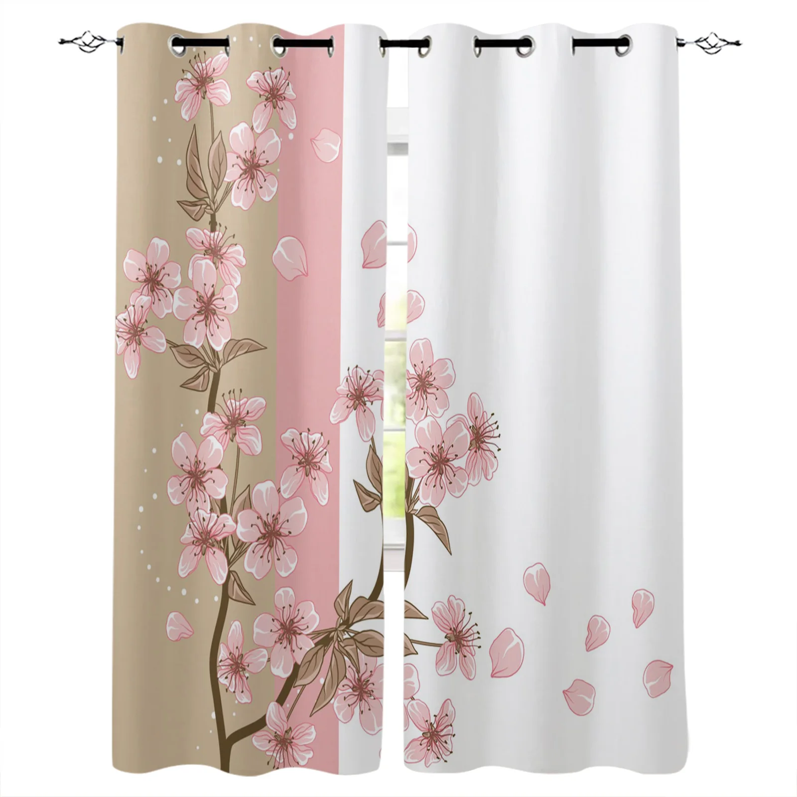 Peach Blossom Petals Leaves Window Curtains Bedroom Kitchen Drapes Panel Home Decor Curtains for Living Room