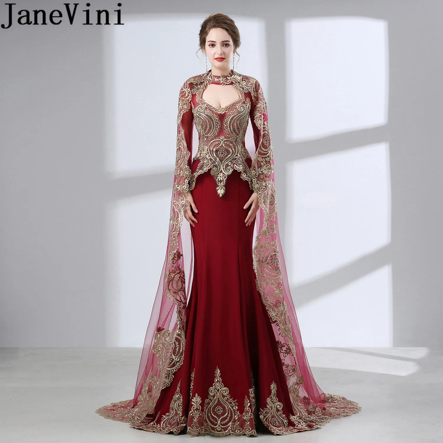 JaneVini – robe de soirée de forme sirène, tenue de soirée arabe avec cape, dentelle perlée, bordeaux, Tulle, manches longues, turquie, 2020