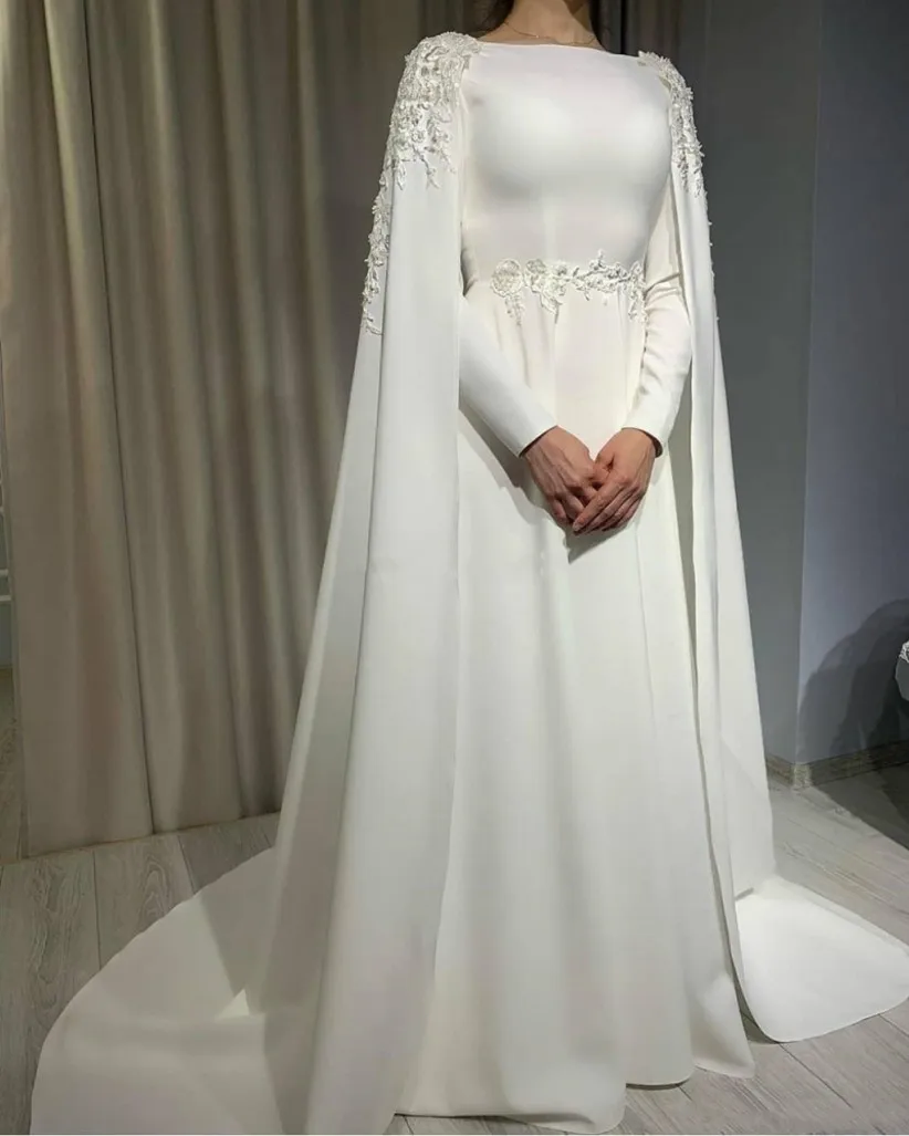 2024 abiti da sposa arabi Dubai con involucro Bateau abiti da sposa Cap Sleeve Sweep Train Appliques Beads Vestidos Mariee