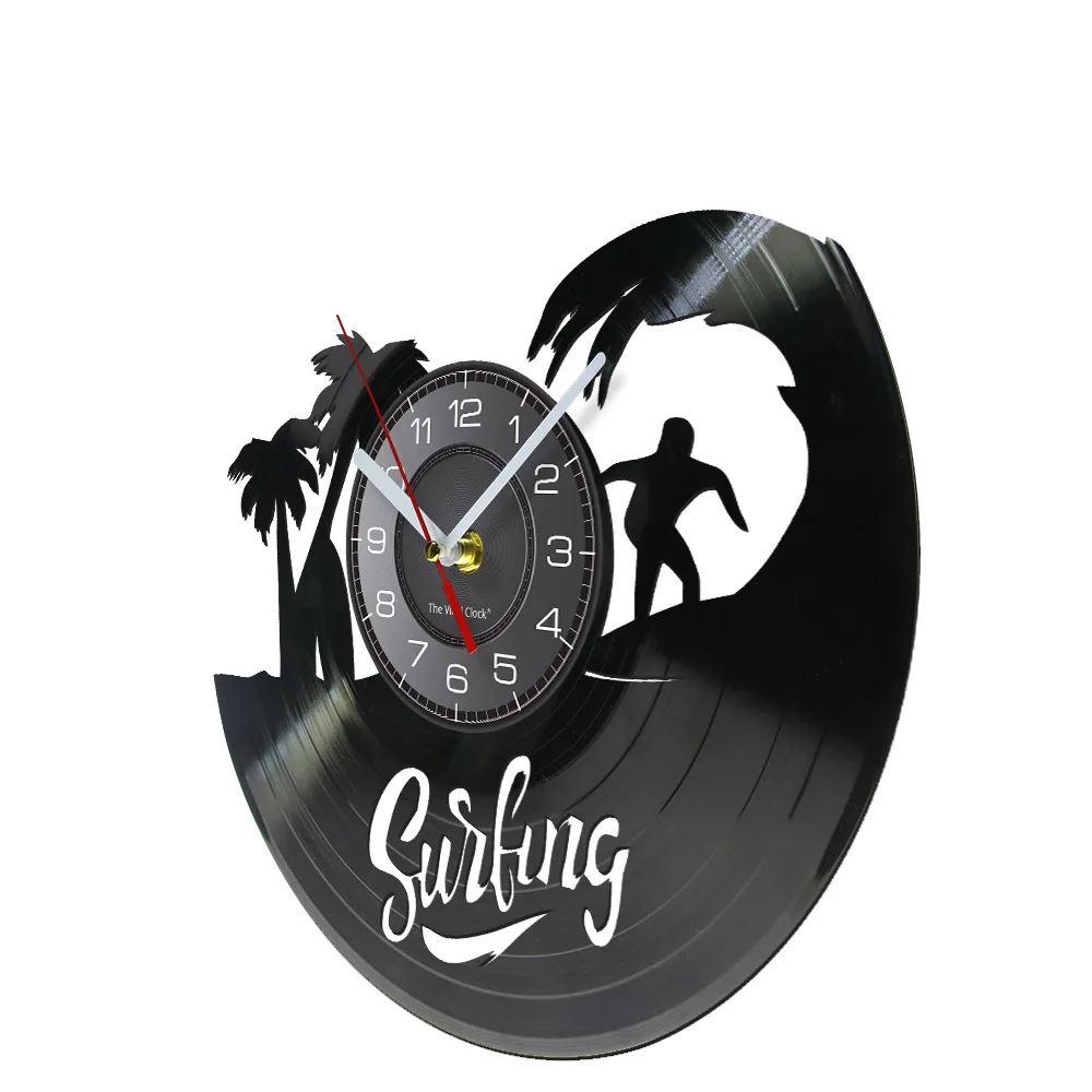 Sea Surfing Vinyl Record Wall Clock Coconut Palms Water Sport Watches Summer Beach Home Decor Timepieces For Surfers Man Gift