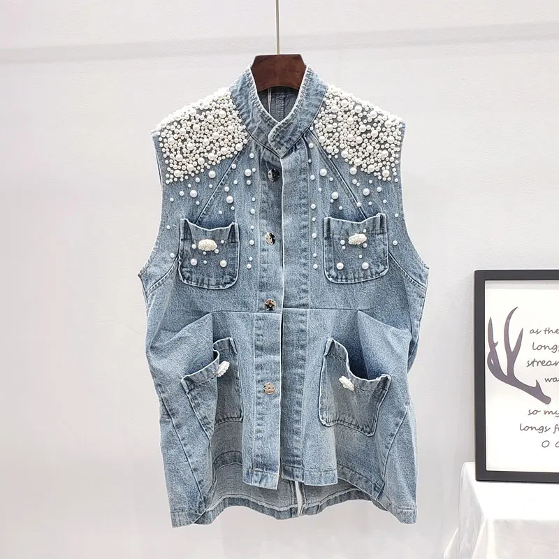 2024 Summer Harajuku Covered Button Loose Big Pocket Pearl Beading Blue Denim Vest Women Casaco Feminino Sleeveless Jeans Jacket