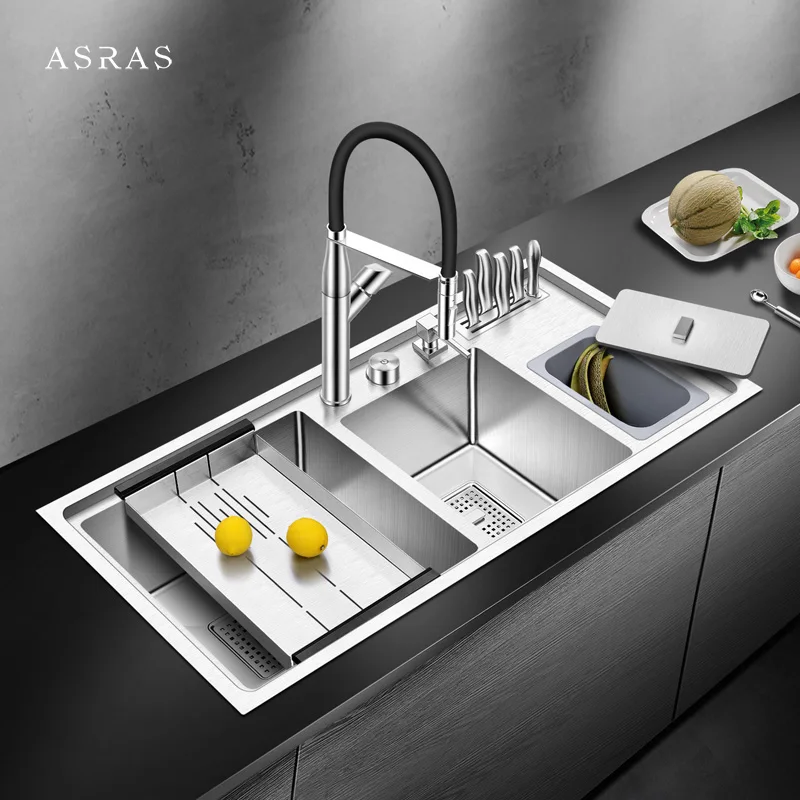 Asras 9045L Stainless Steel Handmade Kitchen Sink Set Large Double Sinks With Multi-Function Faucet Intelligent Control &Drainer