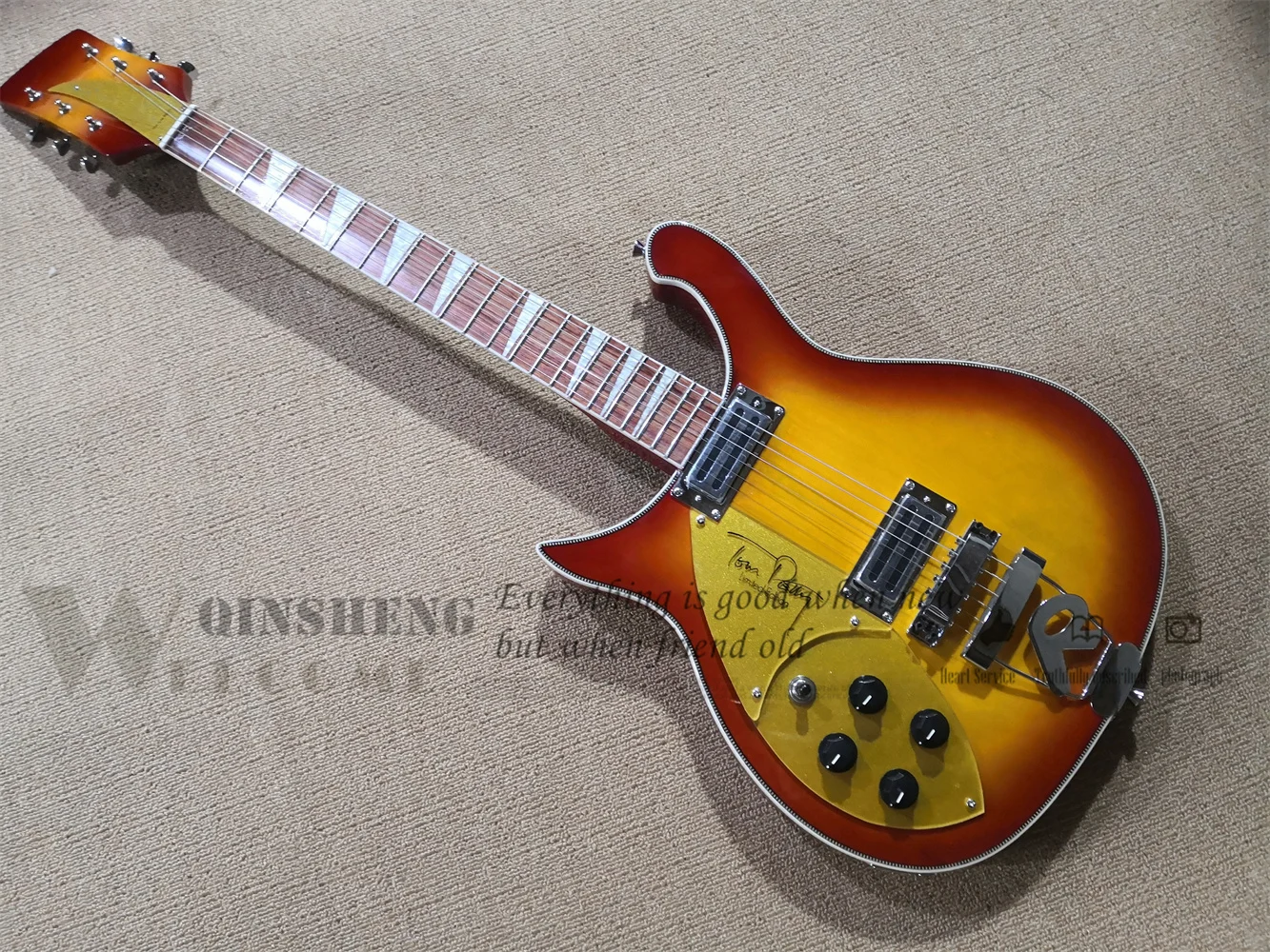 Custom 6 string electric guitar,left hand 360 350 guitar cherry sunburst body gold pickguard white fishbone binding