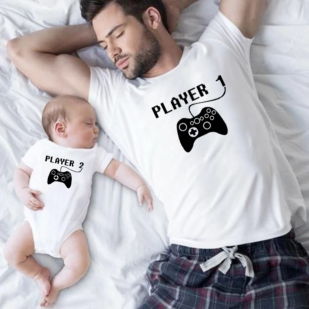 Player 1 Player 2 Matching Family Clothes Father Mother Kids Tshirts Dad Boy Match Tops Players Shirts Family Look Clothes