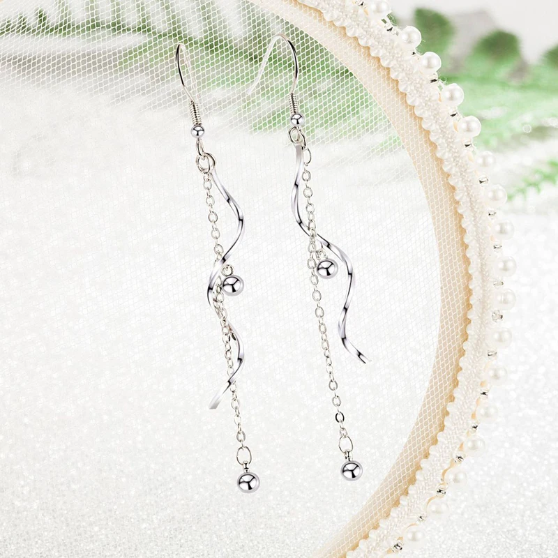 Hot Sale 925 Sterling Silver Fine Spiral Wave Long Tassel Chain Ball Drop Earrings Women Fashion Banquet Party Jewelry Eardrop