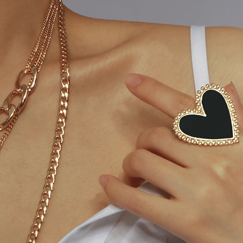 Lifefontier Vintage Red Black Enamel Love Heart Shaped Rings for Women Adjustable Gold Color Metal Rings Party Jewelry Gift