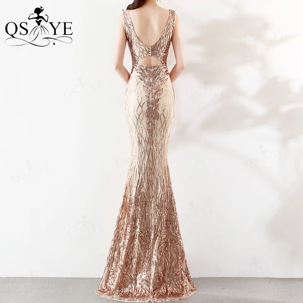 Gold Lace Evening Dresses Sequin Long Mermaid Prom Gown Print Appliques Party Dress V Neck Hollow Out Formal Dress Bead Waist