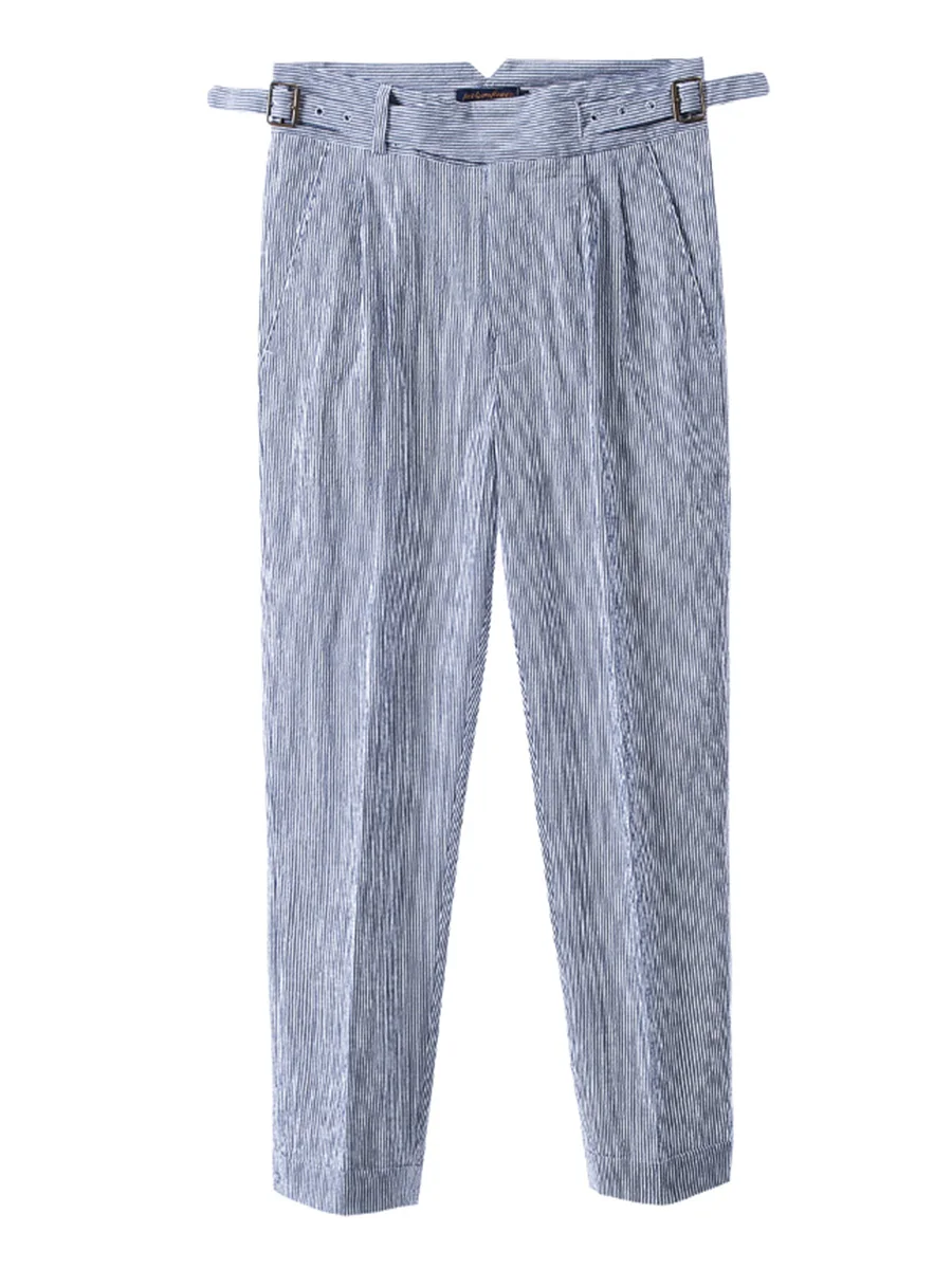 Retro Coulter Casual Pants Europe And The United States Street Beat Nine Point Trousers Pure Cotton Seersucker Blue Stripe Suit