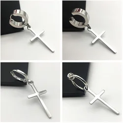 Men's cross earring in gold  or black, wire hoop dangle cross earrings, cross earring for guys, Steel color cross earring, 553YW