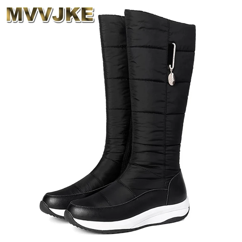 MVVJKEFashion Women Winter Leather Wedges Knee Boots Waterproof Zipper Snow Boots Ladies Warm Footwear Platform Shoes Black Red