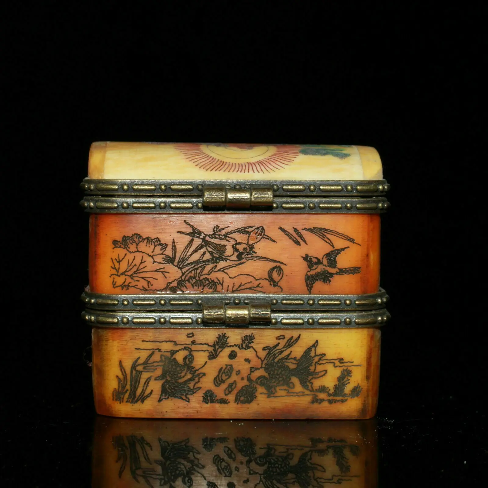 Vintage Antique Small Unique Camel Bone Plum Trinket Jewelry Box Rare Collectible