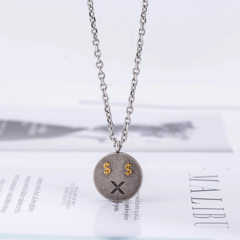 

Punk Coin Pendent Stainless Steel Fashion Bronze English Letter Smile Face Chains Necklaces For Men Women Jewelry Gift