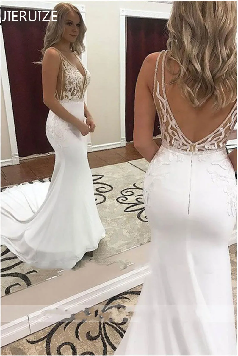 

JIERUIZE Boho Mermaid Wedding Dresses V Neck Backless Lace Appliques Sexy Sleeveless Bridal Gowns Vestido de Novia Bride Dresses