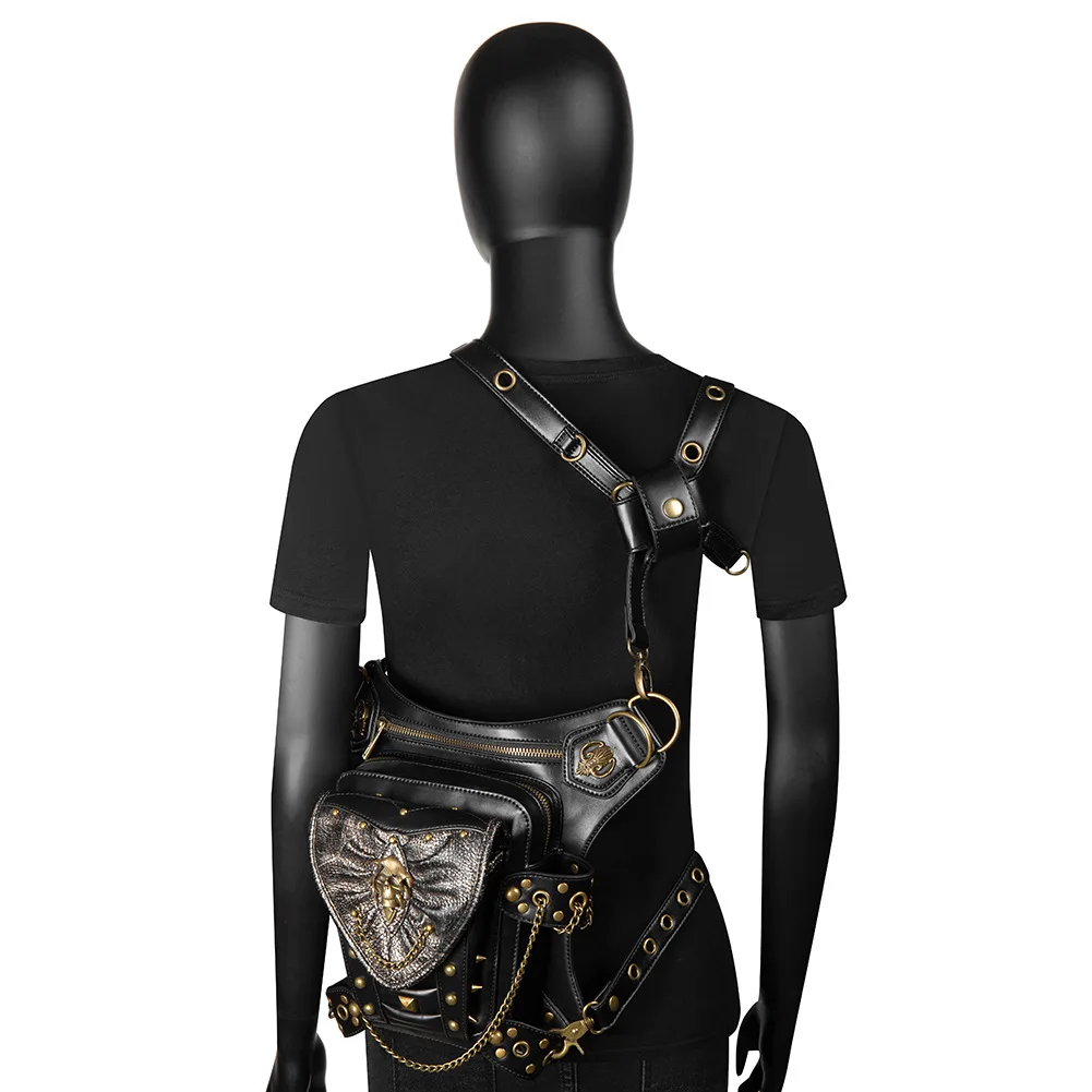 Retro Steampunk Waistbag For Women Leather Punk Rock Gothic Motor Biker Purse Ladies Cosplay Stage Party Show Men Travel Leg Bag