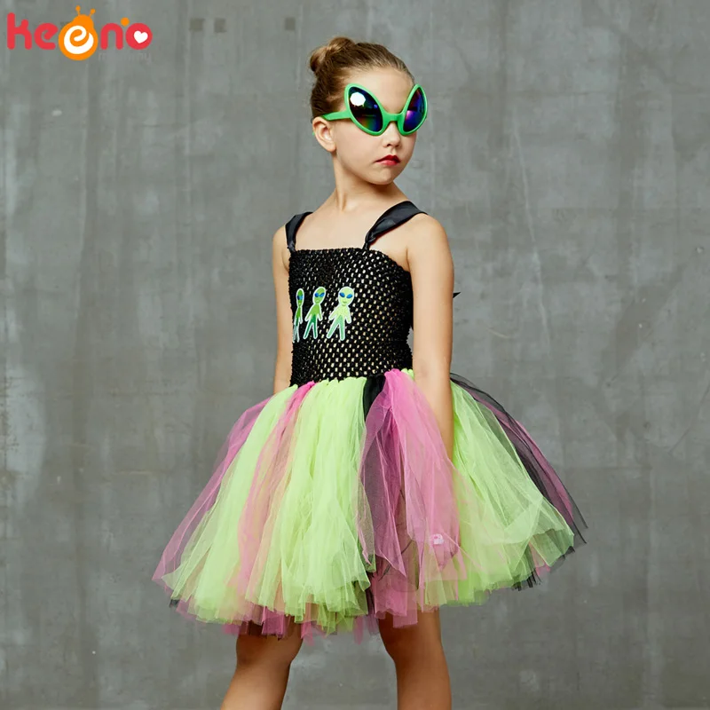 

Green Alien Princess Girls Tutu Dress with Glasses Children Space Alien Dress up Halloween Costume Pageant Cosplay Party Dress