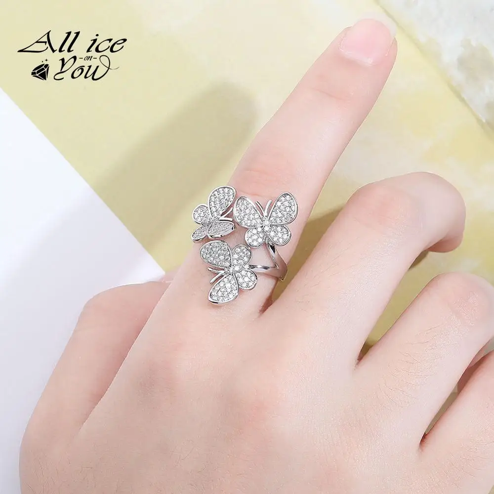 ALLICEONYOU Best Quality Fashion Street AAA Cubic Zirconia Butterfly Flower Iced Out Ring  CZ Hip Hop Silver Color Jewelry Gifts