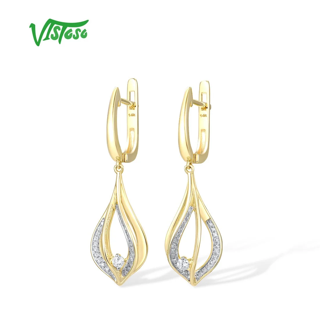 VISTOSO Gold Earrings For Women Pure 14K 585 Yellow Gold Sparkling Diamond Dangling Earrings Geometric Delicate Fine Jewelry