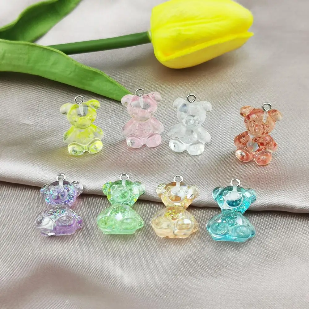 20Pcs 3D Glitter Gummy Bear Resin Charms Fit DIY Necklace Bracelet Earrings Jewelry Making Findings Cute Bears Pendants 17*25mm