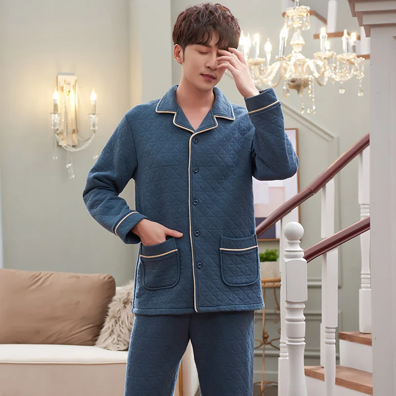 

Mens Three-Layer Cotton Pajamas Set Thin Quilted Pyjamas Set Cardigan Sleepwear Set Big Yards M-XXXL Loungewear Pijamas Hombre