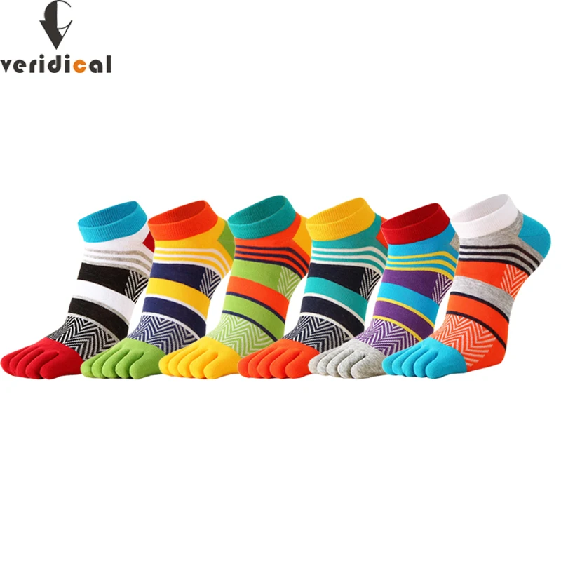 Bright Color Ankle Five Finger Socks Man Cotton Striped Patchwork Mesh Breathable Street Fashion No Show Socks With Toes Sokken