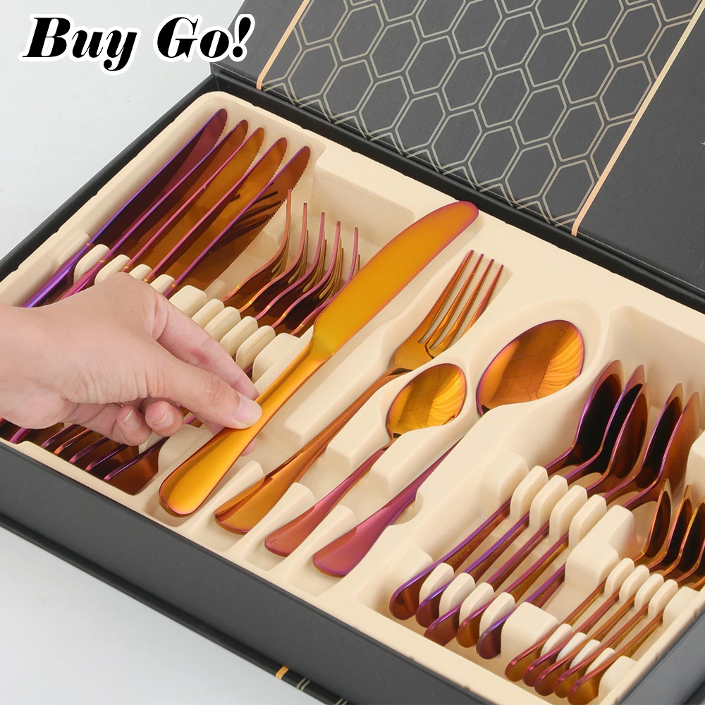 24PCS Gold Cutlery Dinner Set Stainless Steel Dishes Fork Spoon Knife Set Tableware Teaspoons Kitchen Dinnerware Set With Box