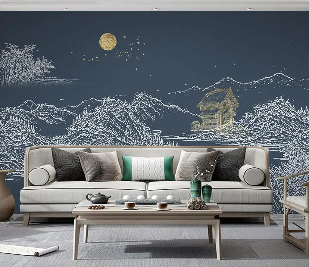 

Customize any size 3d wallpaper new Chinese style line drawing landscape decoration painting line drawing landscape mural