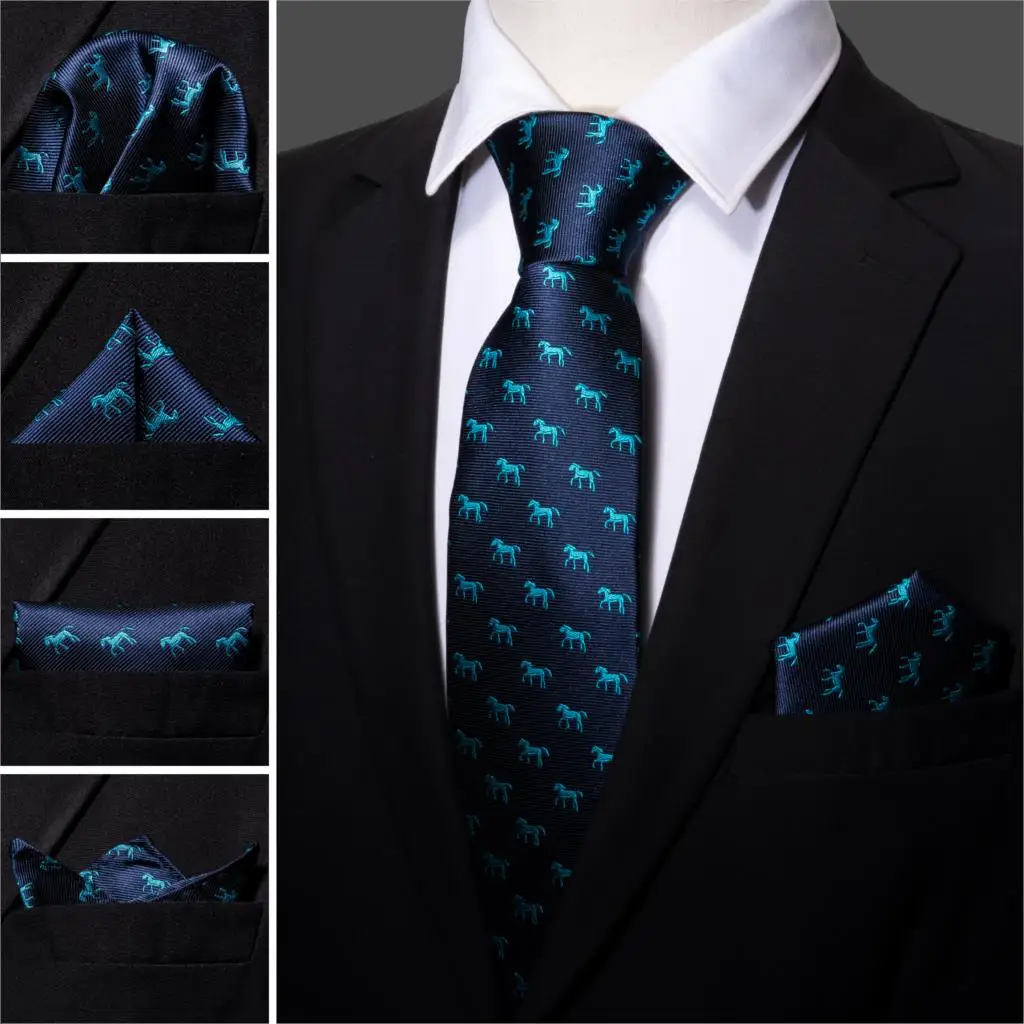 

Fashion Designer Blue Horse Men Tie Set 8.5cm Silk Handkerchief Ties For Men Gift Wedding Business Barry.Wang Gravata Necktie