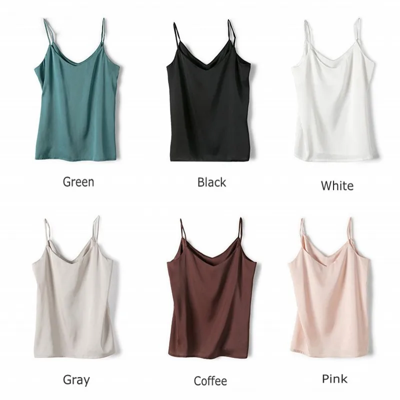 Spaghetti Strap Top Sexy Satin Silk Tank Tops Women Halter V Neck Basic black Cami Sleeveless Summer Camisole Plus Size
