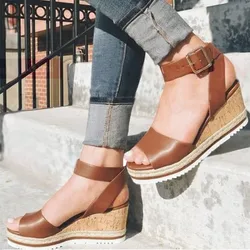 Woman's Platform Sandals 2020 Hot Sale Female Leather Wedges Sandal Lady Luxury Beach Dress Shoes Low Heel Ankle Strap Sandalias